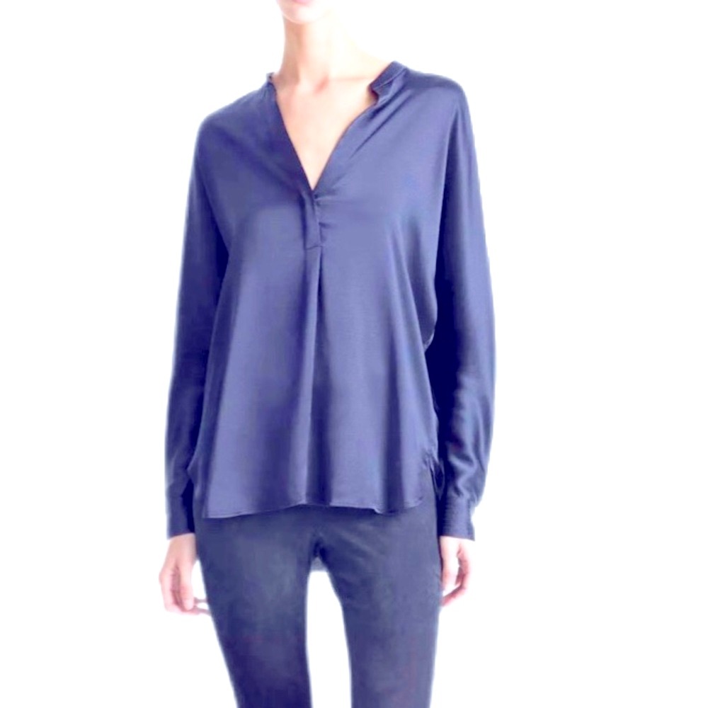 Vince Navy Silk Satin Band Collar Blouse NWOT Size 8